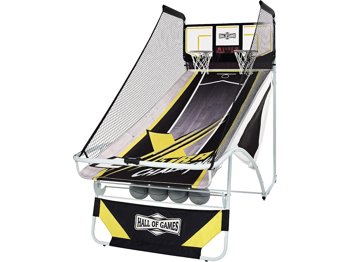 Juego de Baloncesto Arcade Premium con Estante de Almacenamiento Integrado de 4 Bolas Juego de Baloncesto Arcade Premium con Estante de Almacenamiento Integrado de 4 Bolas
